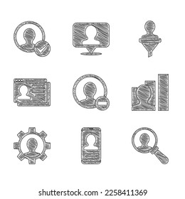 Set Create account screen, Mobile with resume, Magnifying glass for search, Productive human, Human gear, Resume, Head hunting and  icon. Vector