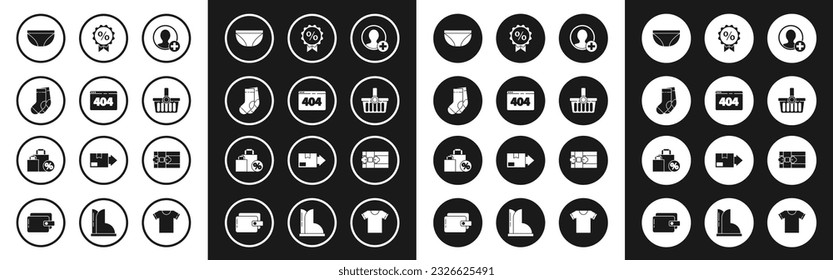 Set Create account screen, Page with 404 error, Socks, Underwear, Shopping basket, Discount percent tag, Gift box and Shoping bag discount icon. Vector