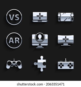 Set Create account screen, Piece of puzzle, Gamepad, Computer monitor, Ar, augmented reality, Portable video game console and VS Versus battle icon. Vector