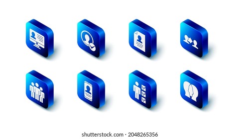 Establecer pantalla Crear cuenta, Reanudar, base de equipo del proyecto, Usuario de hombre en traje de negocio, Móvil con currículum, Grupo de usuarios e icono Monitor. Vector