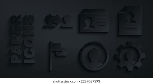 Set Create account screen, Resume, Location marker, Human with gear,  and Project team base icon. Vector