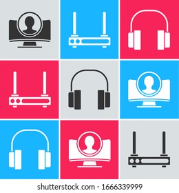 Set Create account screen, Router and wi-fi signal and Headphones icon. Vector
