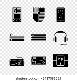 Set Create account screen, Shield for game, Mobile and playing in, Computer keyboard, Mystery random box, Video console and  icon. Vector