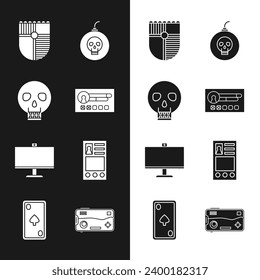 Establecer pantalla de cuenta Crear, Calavera, Escudo para juego, Bomba lista para explotar, Monitor de ordenador, Móvil y jugar y Jugar carta con el icono de diamantes. Vector