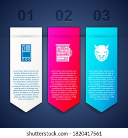 Set Crear pantalla de cuenta, Máquina de ranura y Máscara del diablo con cuernos. Plantilla de infografía de negocios. Vector.
