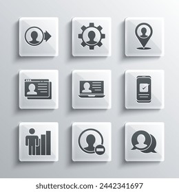 Set Create account screen, Speech bubble chat, Smartphone, Laptop with resume, Productive human, Resume,  and Location person icon. Vector