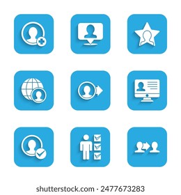 Set Create account screen, User of man in business suit, Project team base, Monitor with resume, Globe and people, Head hunting and  icon. Vector
