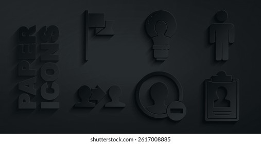 Set Create account screen, User of man, Project team base, Clipboard with resume, Head lamp bulb and Location marker icon. Vector