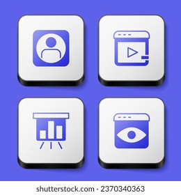 Set Create account screen, Video advertising, Board with graph chart and Personal information collection icon. White square button. Vector