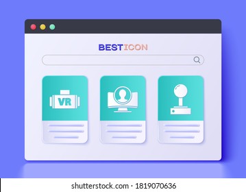 Set Create account screen, Virtual reality glasses and Joystick for arcade machine icon. Vector