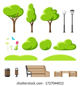 Set to create beautiful summer or spring city park. Urban public space with benches, lanterns and nature.