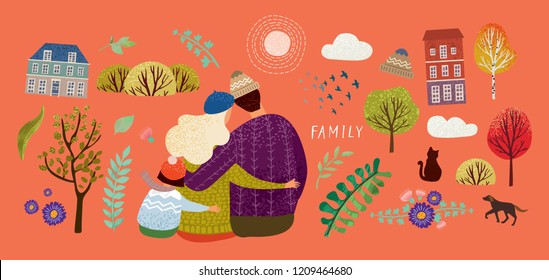 set to create a cute illustration with a happy family in nature and the elements: the sun, a tree, flowers, ornament, plants, clouds, house, mother, father, child, cat, dog, hat, bush, birds, scarf, 
