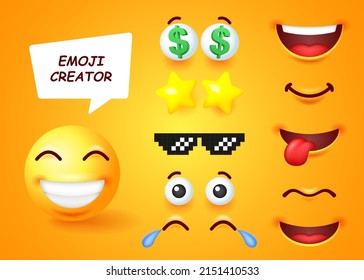 A set to create a funny 3D emoji. A collection of editable elements to create different facial expressions of an emoticon. Vector illustration.