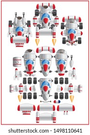 Set to create funny cars. View from above. Isolated on white background. Vector illustration.