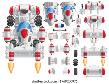 Set to create futuristic cars. View from above. Isolated on white background. Vector illustration.