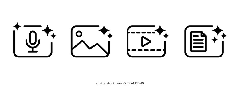 Set of create media file icon Collection. ai generate button. Image, video, audio generate symbol. Vector Illustration.