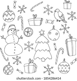 Set to create a New Year's mood. Anti-stress Coloring resent, ornament snowflake and tree designs which can be placed in a magazine, book and on various postcards, flyers.