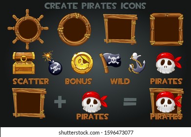 Set To Create Pirated Icons And Wooden Frames. Pak Pirate Symbols, Flag, Coin, Anchor, Treasure.