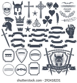 Set to create a retro logos to use an example. Skull, helmet knight, cross, spades, hearts, vignette, crown, feather, clover, hand, sword, banners, ribbons, shields.