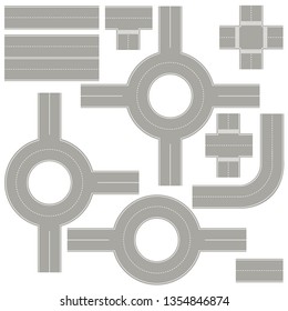 Set to create a roadmap. Vector elements to create a road map. Highways, intersections, roundabouts.
