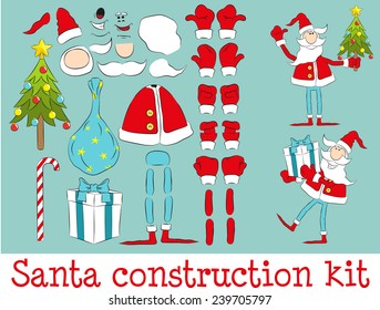 Set to create a Santa Claus in different poses. All elements separately. Can hold a Christmas tree, gift, candy - cane, bag. 