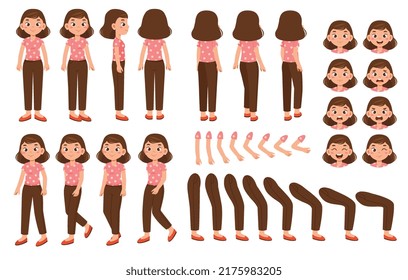 Set for creating animation of mom character. Housewife woman with different emotion, gestures and pose. Arms, legs, face and other elements. Cartoon flat vector collection isolated on white background