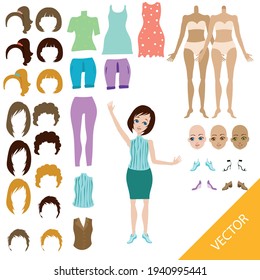 Set for creating a cartoon girl. Isolated vector, constructor