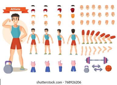 Set for creating character man athlete, vector cartoon illustrations. Faces, front, side and back view, emotions,arms and legs in different positions, clothes and dumbbells for weight training