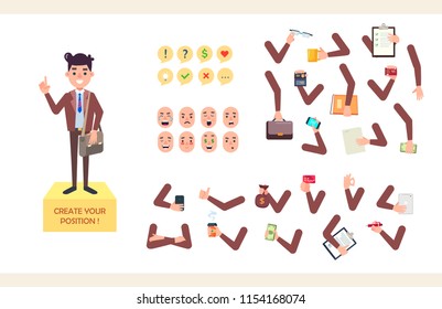 Set for creating a character position for your project. Collection of face emotions, hands bent in different positions, diverse accessories. Front view, cartoon style, vector illustration