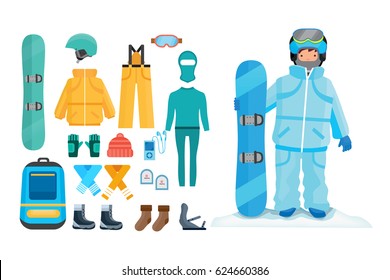 Set for creating a character, snowboard sport clothes and tools elements. A man with a snowboard on a snowy hillock. Modern vector illustration isolated on white background.