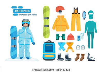 Set for creating a character, snowboard sport clothes and tools elements. A man with a snowboard on a snowy hillock. Winter sport. Modern vector illustration isolated on white background.