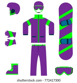 Set for creating a character, snowboard sport clothes and tools elements