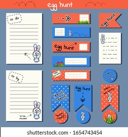Set for creating a glider, easter party decoration, stickers, sheets, flags, scrapbooking. Funny cartoon rabbit. Bright orange and blue colors to the dote. Egg hunt. Vector illustration for print note
