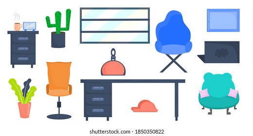 A set for creating a home or office, a set of furniture for freelancing, various design elements for creating your own design. Cartoon flat infographic illustration.