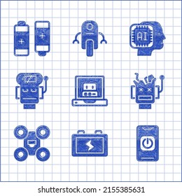 Set Creating robot, Battery, Turn off from phone, Broken, Drone, Robot low battery charge, Humanoid and  icon. Vector