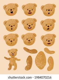 Set for creating a vintage bear. Different emotions, postures, views. Create your own teddy bear for a postcard, advertisement, holiday. Vector illustration.