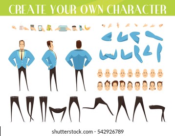 Set for creation of cartoon businessman with various emotions hairstyles gestures and legs positions isolated vector illustration