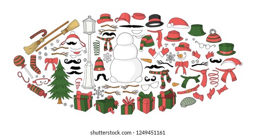 Set for creation cute cartoon snowman character. Christmas and new year set for creating snowman. Eyes, emotions, hats, scarves, mittens. Cute winter clothes for snowman. Vector illustration, template
