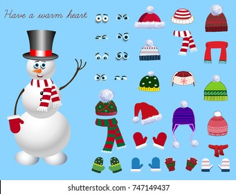 Set for creation cute cartoon snowman character.. Christmas and new year set for creating snowman. eyes, emotions, hats, scarves,mittens.