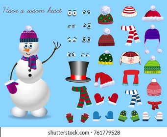 Set for creation cute cartoon snowman character. Christmas and new year set for creating snowman. Eyes, emotions, hats, scarves, mittens. Cute winter clothes for snowman. Vector illustration, template