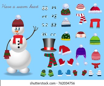 Set for creation cute cartoon snowman character. Christmas and new year set for creating snowman. Eyes, emotions, hats, scarves, mittens. Cute winter clothes for snowman. Vector illustration, template