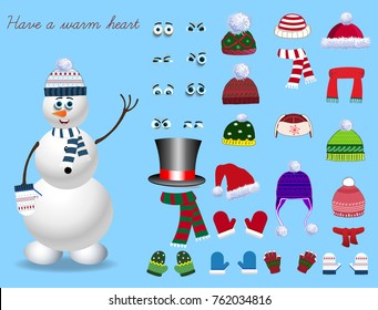 Set for creation cute cartoon snowman character. Christmas and new year set for creating snowman. Eyes, emotions, hats, scarves, mittens. Cute winter clothes for snowman. Vector illustration, template