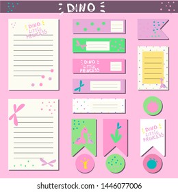 Set for creation of a glider, birthday of the girl, stickers, sheets, tags, scrapbooking. In the style of a small dinosaur. Pink colors, crowns, dino footprints. Inscription little princess