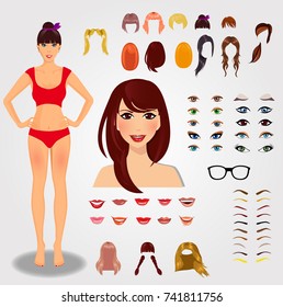 Set for creation unique female character. Full body, face, eyes, eyebrows, hairstyle, lips, accessories isolated on white background. Vector illustration, clip art.