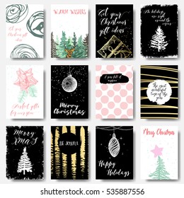 Set of creative 12 holiday cards. Christmas posters set. Templates for greeting, congratulations, invitations, magazine. Vector.