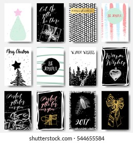 Set of creative 12 holiday cards. Christmas posters set. Templates for greeting, congratulations, invitations, magazine. Vector.