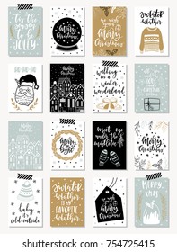 Set of creative 16 journaling cards. Christmas Posters set. Vector illustration. Template for Greeting Scrapbooking, Congratulations, Invitations, Stickers, Planners. Scandinavian style.