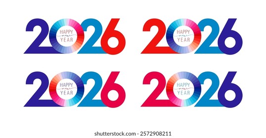 Set of creative 2026 symbols in red, blue and white colors. Fiscal year 2 0 2 6 logo design with cute geometric circle. Special offer banner concept. Bold emblem, template with isolated ball. Web icon