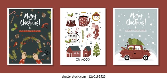 Set von kreativen 3 Journaling-Karten. Weihnachtsposter-Set. Vektorgrafik. Vorlage für die Grußbuchung, Glückwunsch, Einladungen, Aufkleber, Planer. Nordischer Stil.