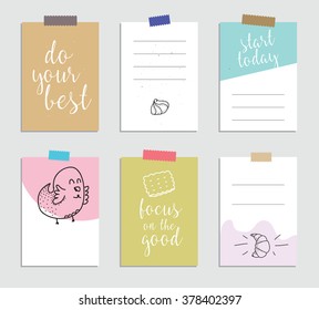 Set von kreativen 6 Journalkarten. Vektorgrafik. Vorlage für die Begrüßung Scrapbooking, Planer, Glückwünsche, Aufkleber und Einladungen. Anregende Anführungszeichen Poster.
